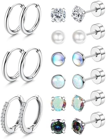 YADOCA Small Hypoallergenic Surgical Steel Earrings for Sensitive Ears - Flat Back Earrings for Women Men - 20G Tiny Cubic Zirconia Opal Hoop Studs - FlatBack Stud Cartilage Earring Sets for Multiple Piercing