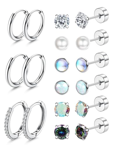 YADOCA Small Hypoallergenic Surgical Steel Earrings for Sensitive Ears - Flat Back Earrings for Women Men - 20G Tiny Cubic Zirconia Opal Hoop Studs - FlatBack Stud Cartilage Earring Sets for Multiple Piercing