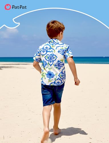 Image of PATPAT Family Hawaiian Matching Outfits - Mommy and Me Vacation Outfits | Halter Sundresses and Button Down Shirts,Caribbean Vacation Summer Tropical Outfits,Hawaiian Boho Tropical Floral Printed