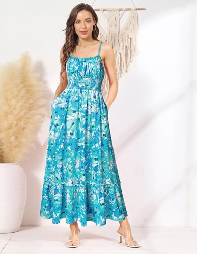 Image of GRACE KARIN Summer Dresses for Women 2026 Vacation,Smocked Floral Maxi Dress,Boho Beach Sundress with Pocket Fashion Clothing