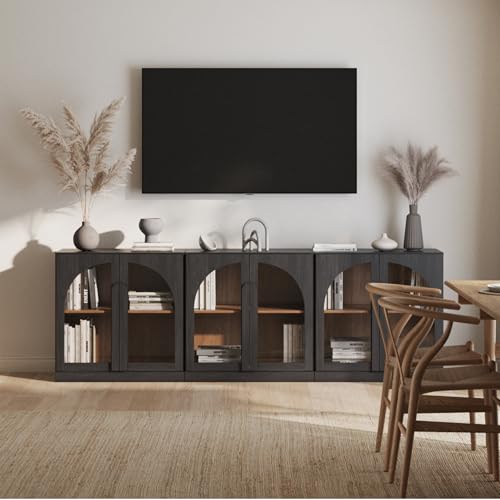 Image of BELLEZE Bijou Set of 3 Modular Sideboard Cabinets (94.5 inch Extra Long) - 6-Door Media Console - Modern Arched Glass Buffet Credenza for Large Kitchen & Living Area- Ebony