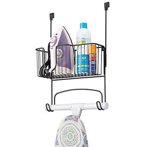 mDesign Metal Over Door Ironing Board Holder with Large Storage Basket - Holds