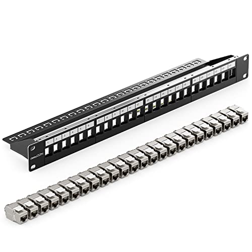 deleyCON 24 Port Patchpanel Set Patchfeld Modular 1 HE 19' Zoll Rackeinbau + 24x RJ45 Keystone Module CAT6a Kompatibel mit CAT5 CAT6 CAT7 LAN Netzwerkkabel Verlegekabel Schwarz