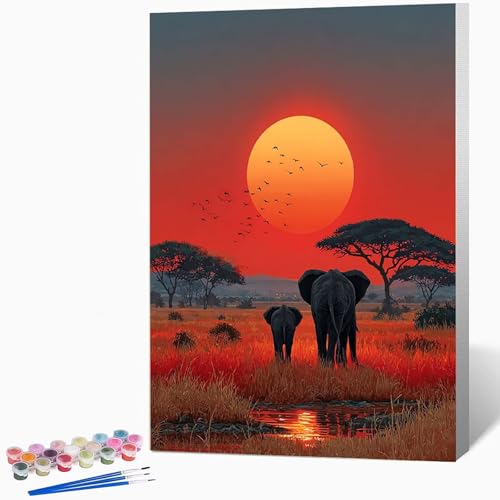 数字油絵 象 ペイントバイナンバー 動物, ナンバーペイント大人のDIYセット(ブラシとアクリル絵の具を含む)、クリエイティブな手作りの油絵セット、女性へのデジタル絵画ギフト、壁の装飾 40×60cm -WX2510387