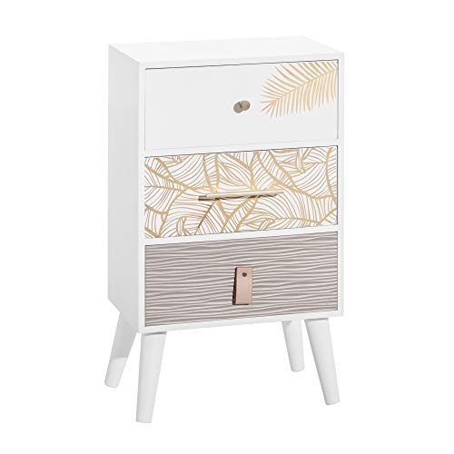 Mesita de Noche de 3 cajones, con Hojas nórdica Blanca de Madera y DM, de 40x30x67 cm - LOLAhome