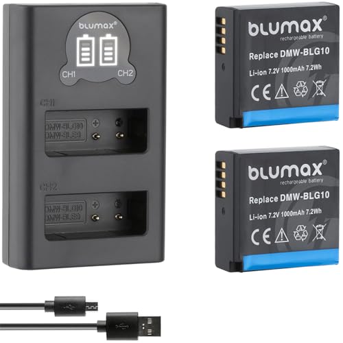Blumax   Juego de 2 baterías compatibles con Panasonic DMW BLG10 E (1000 mAh) + Slim Dual Charger DMW BLG10E / DMW BLE9 E para Lumix DMC GF6 GX7 III DC TZ202 G110W