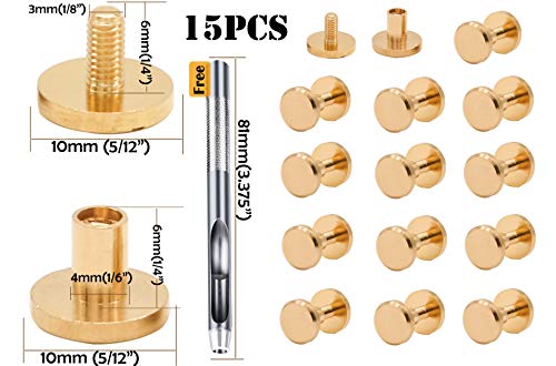 M3X6 Brass Chicago Screws 15PACK Rivets Bookbinding Flat Head Screwing Fasteners DIY Purse Collar Belt Shoes Case Jean Leather (Height 6mm, Gold)
