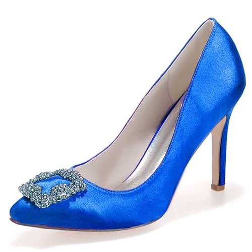 Womens Wedding Shoes Women's Wedding Rhinestones Satin Low Kitten Heels Pumps Dress Evening Shoes for Women Bridal Bride Pumps Shoes(Royal Blue,8)