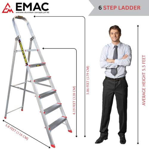 Image of EMAC Aluminium 6 Steps Folding Ladder for Home, Shops and Office Use Slip Resistant Aluminium Ladder (with Platform)