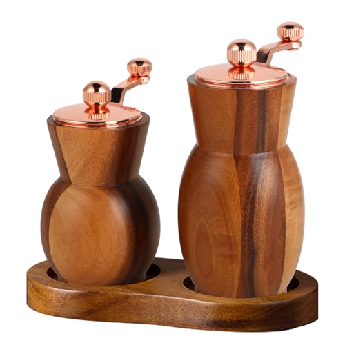 Juego de 2 molinillos de pimienta de madera de acacia, molinillo de especias de 4 y 5 pulgadas con plato, pimentero y molinillo de sal ajustable grueso y fino