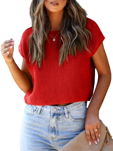 Image of LCXWFE Womens Summer Cropped Sweater Vest Trendy Cap Sleeve Crop Tops Crew Neck Loose Knit Tank Top