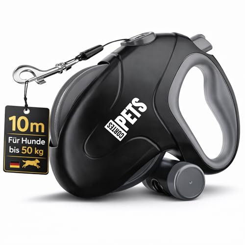CORTES PETS Rollleine Hundeleine 10m für große Hunde bis 50 kg - Ausziehbare Hundeleine 10 m mit Kotbeutel - Retractable Dog Leash - Ausziehleine Hund Bremsknopf