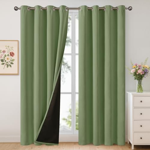 Image of YoungsTex 100% Blackout Curtains 84 Inch Length 2 Panels, Room Darkening Drapes with Liner Thermal Insulated for Bedroom Window, Green, 52 X 84 Inch