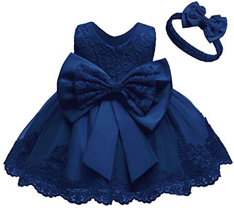 Toddler Baby Girls Formal Dresses Infant Bowknot Embroidery Tutu Lace Gown Dress Kids Pageant Party Wedding Birthday Flower Dresses Size 3M (Navy Blue 3M)