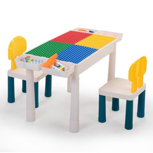 Multifunctional Rectangular Building Block Table with 2 Chairs, for Living Room, Bedroom, Study. (Red & Blue)