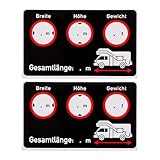 Aufkleber Set für Wohnwagen Cockpit, 2 Stück, 10 x 6 cm, beschreibbare und selbstklebende Folie, Camper Van Hinweis Klebesticker Fahrzeugmaße Länge x Breite x Höhe x Gewicht, Wohnmobil Zubehör Sticker