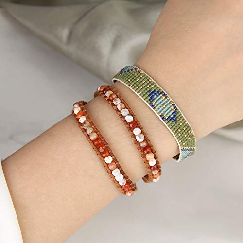 Image of KELITCH Double Wrap Bracelet Women Hand-Braided Turquoise Beads Bracelets Boho Leather Bracelets Bangle