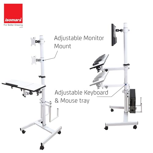 Image of Isomars Computer Standing Desktop Workstation with Monitor Mount Adjustable Height with Keyboard & Mouse Tray Space for CPU Holder, Sit Stand Table Comes with Wheels for Easy to Move.(White)