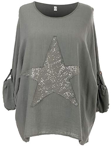 Image of Storm Island Italian Ladies Sequin Star Top Womens Lagenlook Cotton Turn up Tunic Shirt Plus SI075 (Khaki, One Size (Fit UK 12-18))