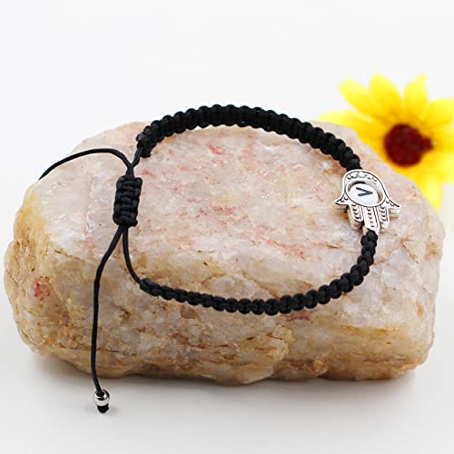 Image of Uloveido Customized A to Z 26 Letters Hand of Fatima Bracelet - Fatima Hamsa Hand Evil Eye Protection Bracelet Lucky Charm Adjustable Braided Black String