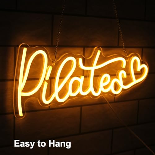 Image of Pilates Neon Sign Yoga LED Neon Lights for Bedroom Gym Yoga Studio Decor | Orange Letter with Love LED Sign, Dimmable Acrylic Neon Wall Sign, Motivational Wall Art, Pilates Pavilion Decor, USB Powered