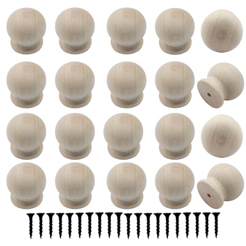 Piutouyar Wood Dresser Knobs, 20 Pcs Mini Unfinished Wooden Cabinet Knobs Vintage Drawer Pulls Handles for Kitchen Wardrobe Cupboard Drawer (18x18mm)