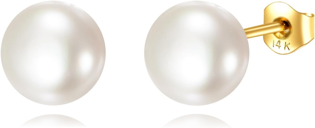 DOVRAN 14k Solid Gold Pearl/Turquoise/Onyx/Jade Stud Earrings for women Gemstone Jewelry Birthday Gift for Wife Mom