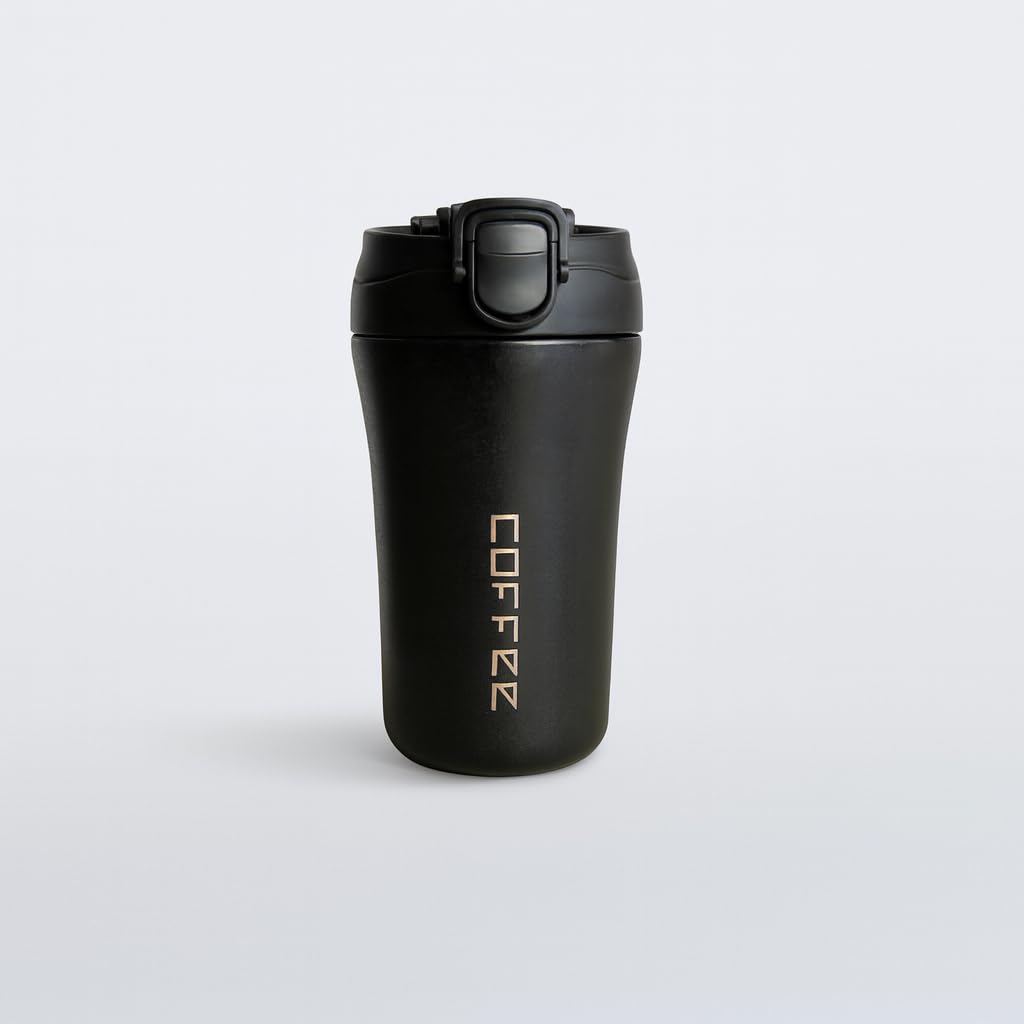 400ML Dual Drink Vacuum Insulated Tea Coffee Tumbler Flask with Silicon Straw Lock Sip Lid Anti Spill Stainless Steel Travel Mug for Hot Cold Beverages - Black