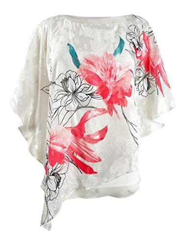 Alex Evenings Women's Asymmetric Single Tiered Chiffon Blouse Shirt, Ivory/Coral, S #TOP24