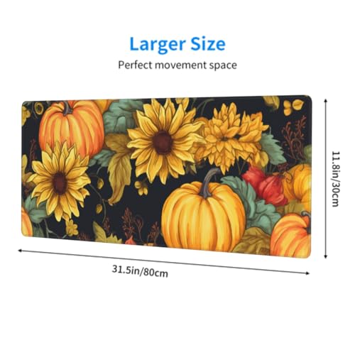 Image of Fall Pumpkin Sunflower Mouse Pad 31.5x11.8 XL Watercolor Autumn Leaf Floral Extended Mousepad Large Keyboard Mouse Mat Desk Pad with Non-Slip Rubber Base Stitched Edges for Home Office Game