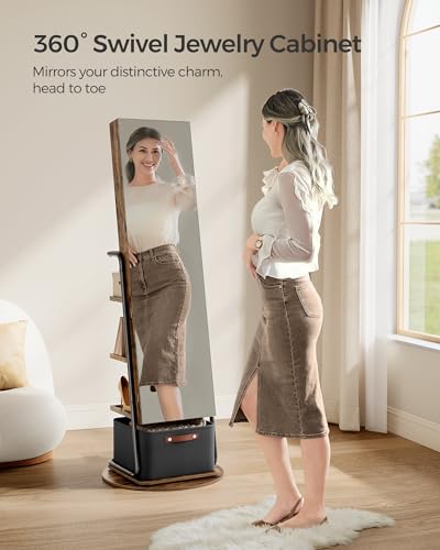 SONGMICS 360° Swivel Mirrored Jewelry Cabinet with Lights, Full-Length Mirror with Jewelry Storage, Standing Jewelry Armoire Organizer, with Large Storage Basket, Christmas Gifts,Rustic Brown