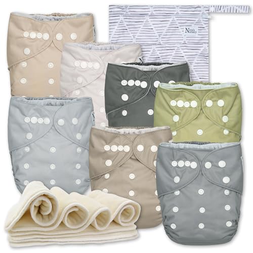 Nora's Nursery Cloth Diapers 7 Pack with 7 Inserts & 1 Wet Bag - Waterproof Cover, Washable, Reusable & One Size Adjustable Pocket Diapers for Newborns and Toddlers - Sand and Stone