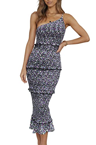 Image of PRETTYGARDEN Women's Summer Midi Bodycon Dresses One Shoulder Strappy Tiered Ruffle Floral Boho Sun Dress