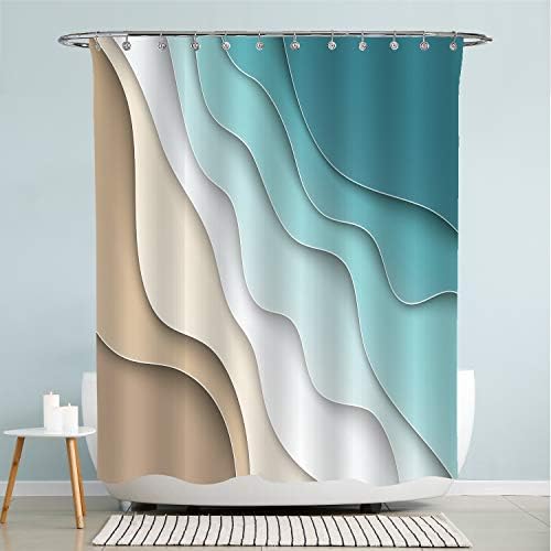 Turquoise Brown Cream Shower Curtain Beach Geometric Gradient Striped Dark Turquoise Shower Curtain Sets with Hooks, Bathroom Curtains Waterproof Polyester Fabric Bathroom Art Decor 72x72 Inches