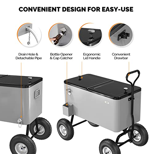 VINGLI 80 Quart Wagon Rolling Cooler Ice Chest, w/Long Handle and 10" Wheels, Portable Beach Patio Party Bar Cold Drink Beverage, Outdoor Park Cart on Wheels - Image 5