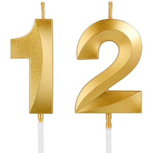 Birthday Candles 1.96 Inch Number 12 Happy Birthday Candles Number Candles Decoration for Birthday Party and Anniversary Celebration(Champagne Gold)