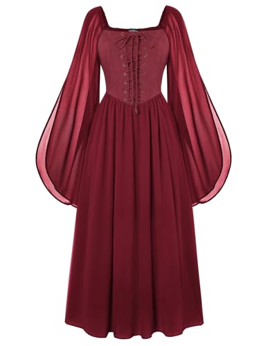 SCARLET DARKNESS Damen Mittelalter Maxikleid Retro Hohe Taille mit Schlitzärmel Peasant Kleid Rotwein M