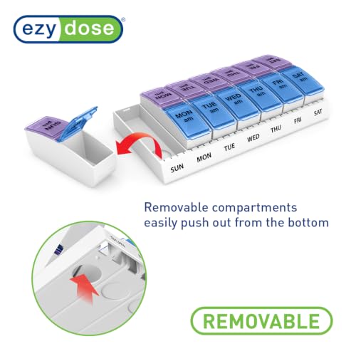 Image of Ezy Dose Weekly (7-Day) AM /PM Pill Organizer, Vitamin and Medicine Box, Small Pop-out Compartments, 2 Times a Day, Blue and Purple Lids