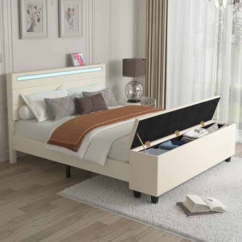 Benevika Upholstered Platform Full Bed Frame with Large Storage, Modern Linen Fabric Headboard with LED Lights and Charging Station, Sturdy, Ottoman, No Box Spring Needed, Easy Assembly, Beige Cover