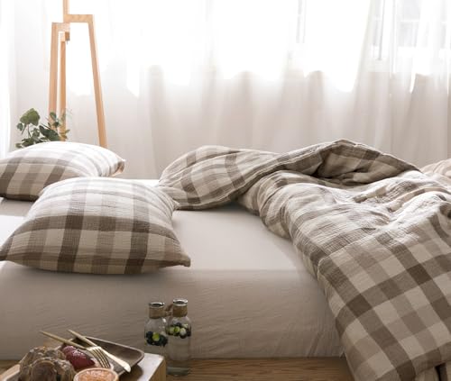 Image of VM VOUGEMARKET King Duvet Cover Set Beige Grey Plaid Bedding Set Soft Breathable 3 Layers Muslin Cotton Linen Like Gauze Comforter Cover with Zipper Closure-3 Pieces,104 inchx90 inch