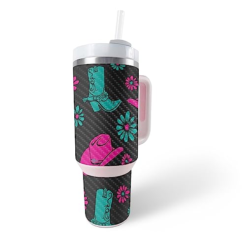 Image of MightySkins Carbon Fiber Skin Compatible with Stanley The Quencher H2.0 FlowState 40 Oz Tumbler - Neon Cowgirl | Protective, Durable Textured Carbon Fiber Finish | Easy to Apply