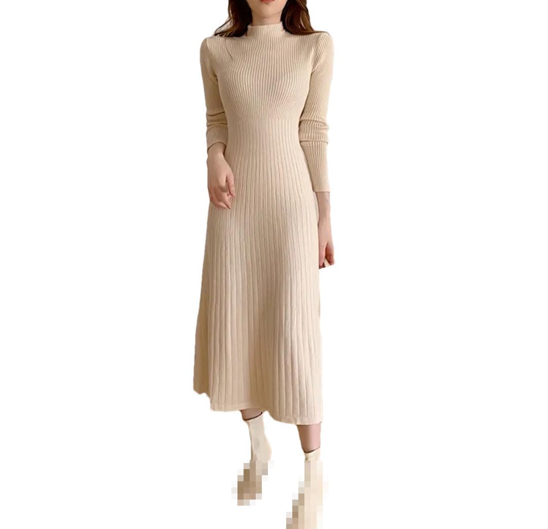 Autumn Winter Slim Long Sleeve Party Midi Dress for Women Knitted Half High Collar Elegant Knitted Sweater Dresses