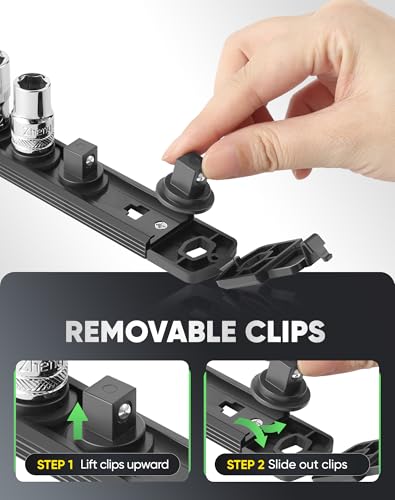 Image of ALOANES Magnetic Socket Organizer Set of 3, Heavy-Duty Aluminum 360 Swivel Clip Socket Holder, Compatible with 1 /2 inch, 3 /8 inch, 1 /4 inch Sockets, Includes 40 Clips, Tool Box Drawer Storage (Black)