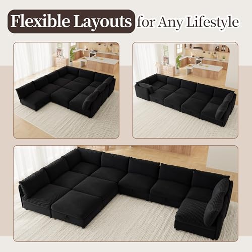 Image of Oversized Corduroy Modular Sectional Sofa Bed with Hidden Storage, Convertible L U Sleeper Couch, 10-Seat Modular Sofa Free Combination with Ottoman & Removable Covers for Living Room, Black