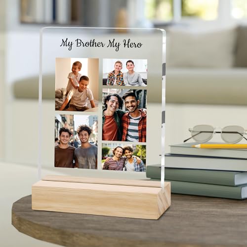 Image of Giftplease Customized Photo And Text Frame With Wooden Stand | Personalised Printed Photo Frame | Gift For Brother | Birthday | (Transparent, 5MM, 6 * 8 Inches), Tabletop BG 10