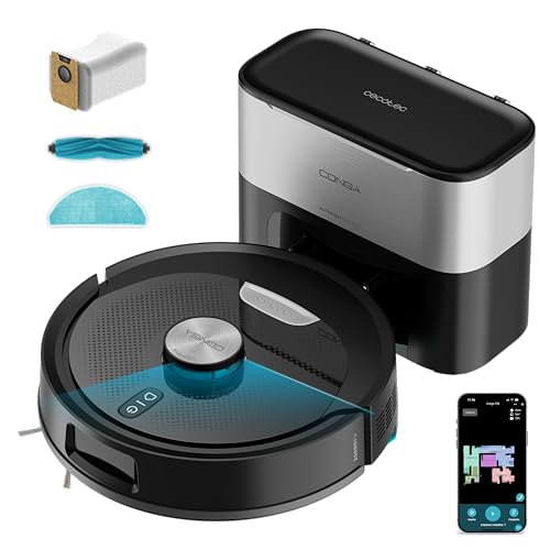 Cecotec Robot Aspirador y Friegasuelos con Base Autovaciado Conga Y80 Dark. Navegación Láser, 25000Pa, Autonomía 240min, Cepillo Silicona para Mascotas, Bolsa de Polvo 3L, Bluetooth y WiFi, App