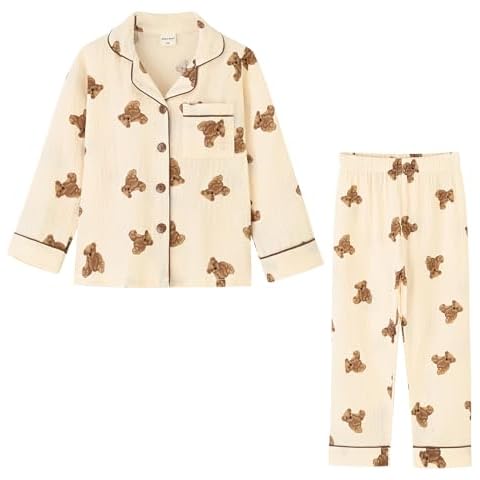 ACESTAR Toddler Little Girls Button Down Pajamas Set, Boys Long Sleeve 2 Pcs Pjs Set for Kids - 100% Cotton Sleepwear Loungewear for Daily (Beige Bear, 3T) Cover