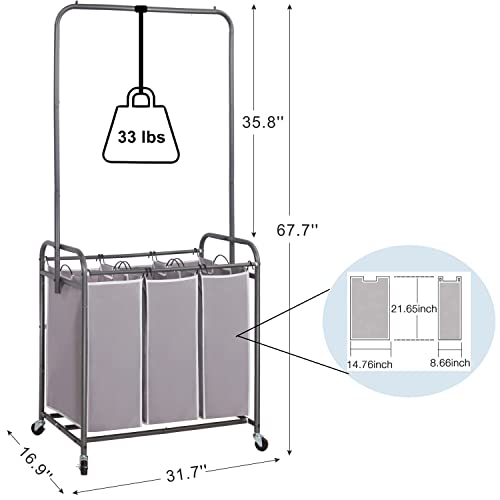 Storage Maniac Laundry Sorter With Hanging Bar, Laundry Hamper Cart With Heavy Duty Rolling Lockable Wheels And Removable Bags, Rolling Laundry Basket Organizer 136L, 3 Section #TOP2