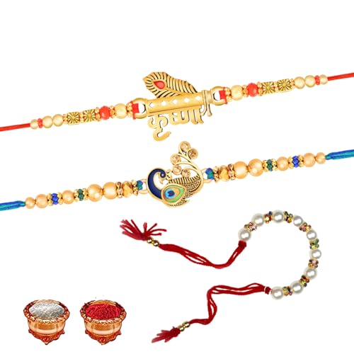 Image of De Marquis Bhaiya Bhabhi Rakhi Set With Roli Chawal and Greeting Card For Rakshabandhan | Rakshasutra For Brother /Sister | Bhaiya Rakhee | Bhabhi Rakhee | Pack of 2 Rakshasutra and 1 Lumba Rakhi