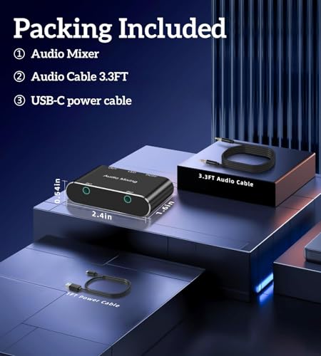 Image of 2 Channel Stereo Audio Mixer - 3.5mm Audio Mixer,Aluminum Shell - 3.5mm(1 /8in) A udio Interface Support 2 In 1 Out Mini Stereo Sound M ixer with 3.3FT Audi o Cables - For PC, Phone, Headphones, Laptop